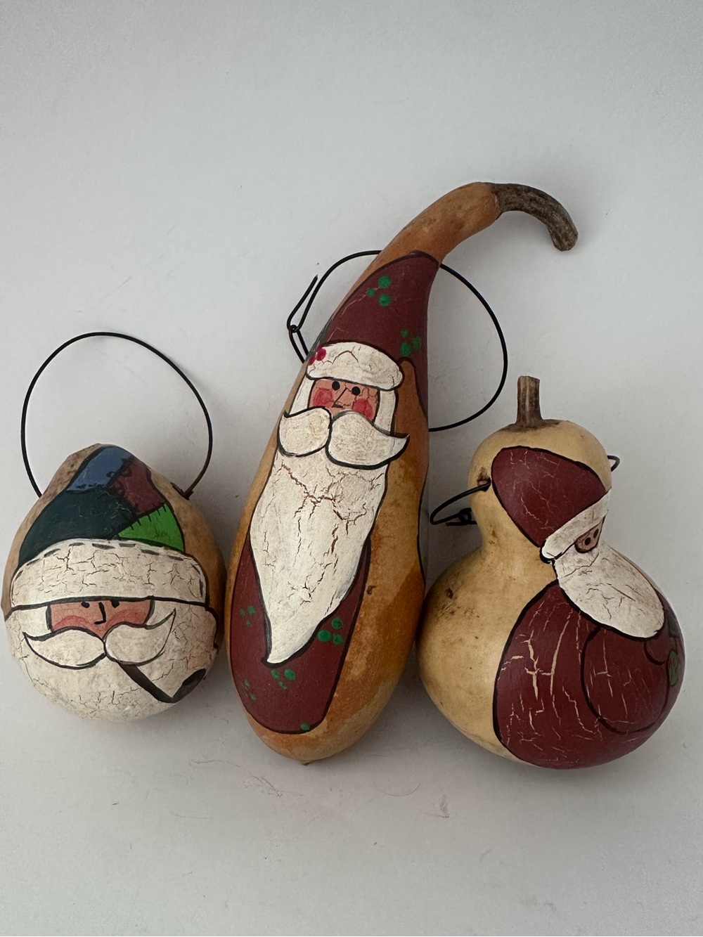 3 VINTAGE Primitive Ornament - Santa Gourd Decoration Hand Painted